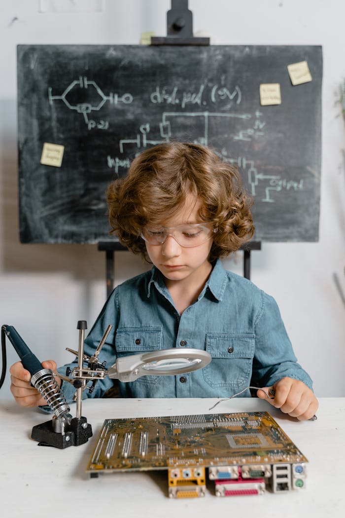 menu-07 Young boy exploring electronics with a circuit board and tools in a classroom setting.